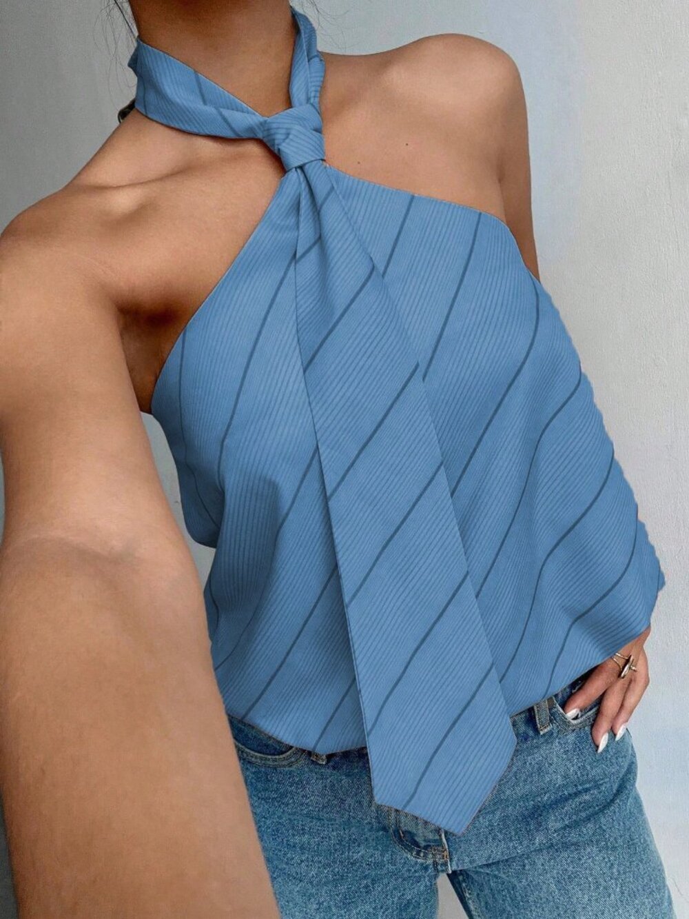 Blue Casual Women's Sexy Striped Halter Backless Blouse